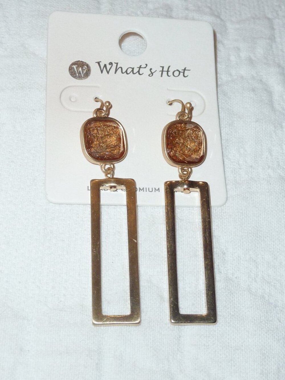 NWT What's Hot Brand Long Gold Tone Rectangular Earrings